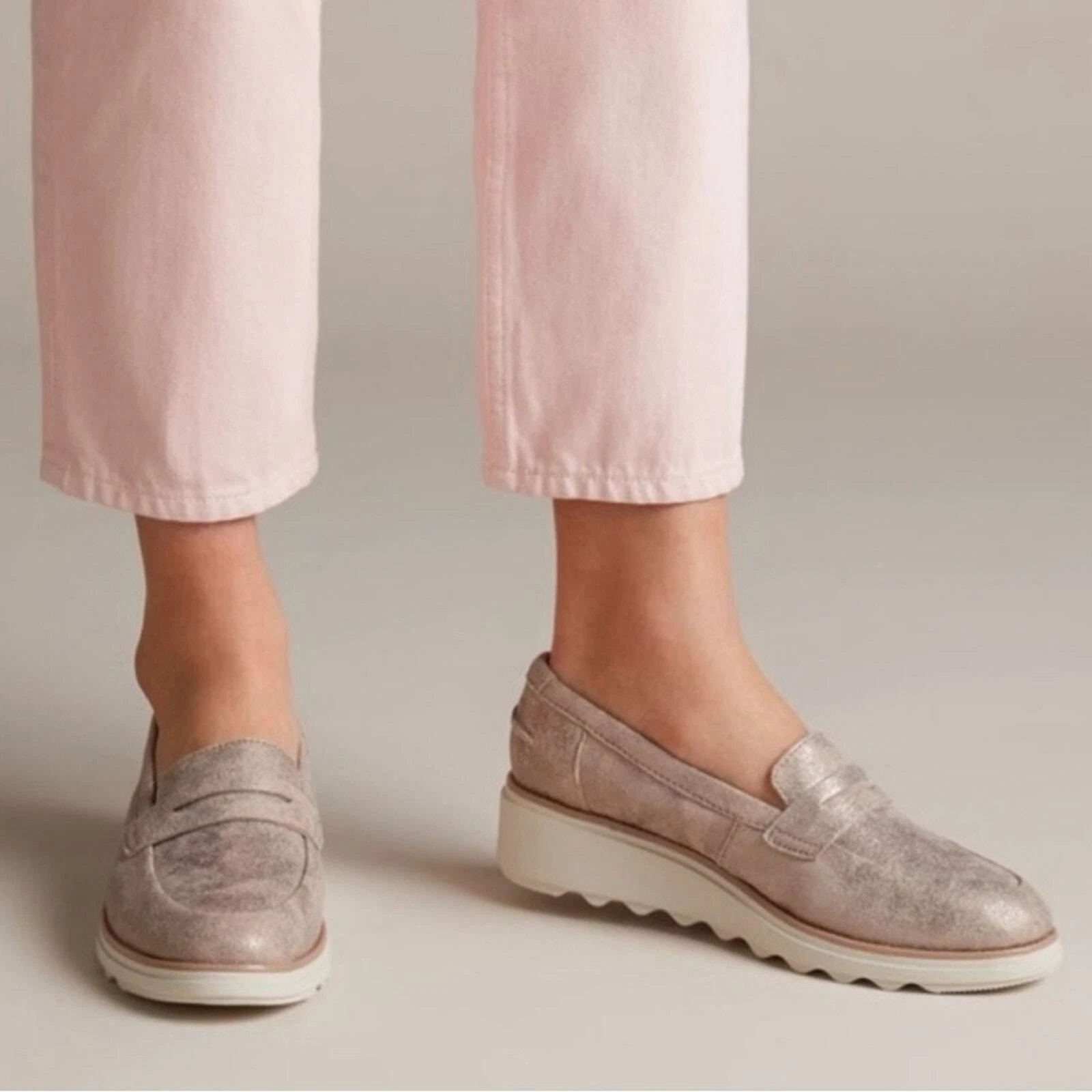 Scarpe mocassini Clarks donna Sharon Ranch zeppa pelle scamosciata metallizzata Penny 8 5