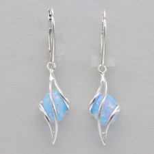 Blue Oval FIRE OPAL Dangle / Drop Earrings - 925 STERLING SILVER Leverback 2026e