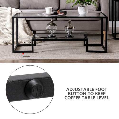 COSVALVE Black Metal Glass Coffee Table Side Table w/Shelf Home Office Furniture - Picture 12 of 23