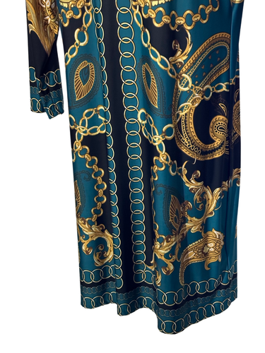 Women's size large teal, gold multi colored knee length 3/4" sleeve dress - Picture 3 of 4