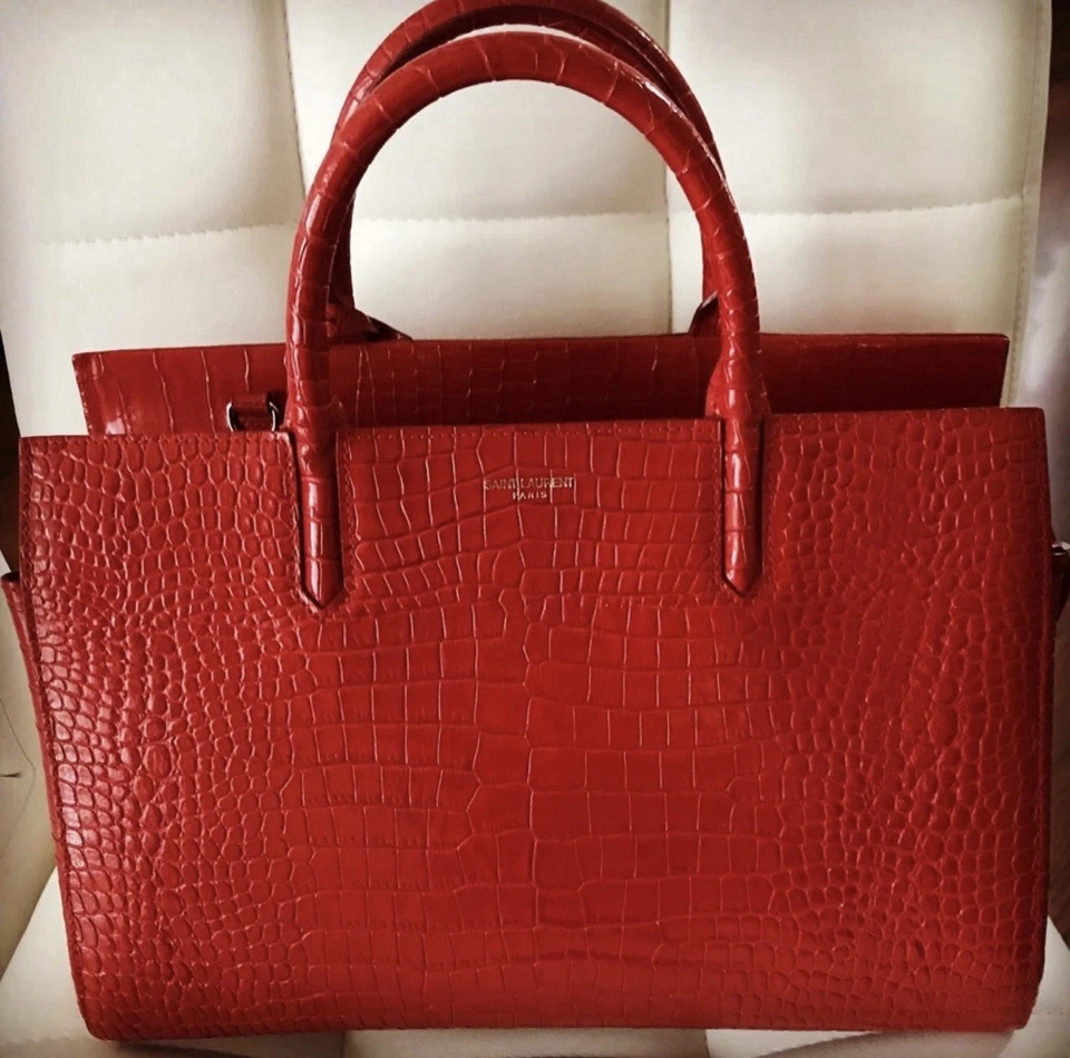 YSLSaint Laurent Cabas Rive Gauche Glossy RedCrocodile Embossed Leather - Image 2 of 4