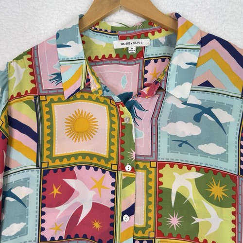 Rose + Olive Bluse Knopfleiste Gr. 1X Tropical Geometric Print 3/4 Arm Boho - Bild 2 von 14