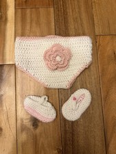 Infant Girl Crochet Diaper Cover with Booties 0-6 Months White with Pink Detail