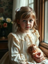 Photo 15×20 – Petite fille à la poupée en robe ivoire près d’une fenêtre vintage