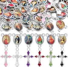 200 Pcs/ 100 Sets Rosary Making Kits Supplies Cross and Center Medal Charm Al...