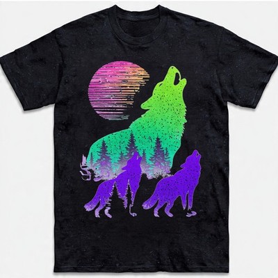 Wolves Howling Moon Forest Silhouette Neon Synthwave Retro Graphic Tee