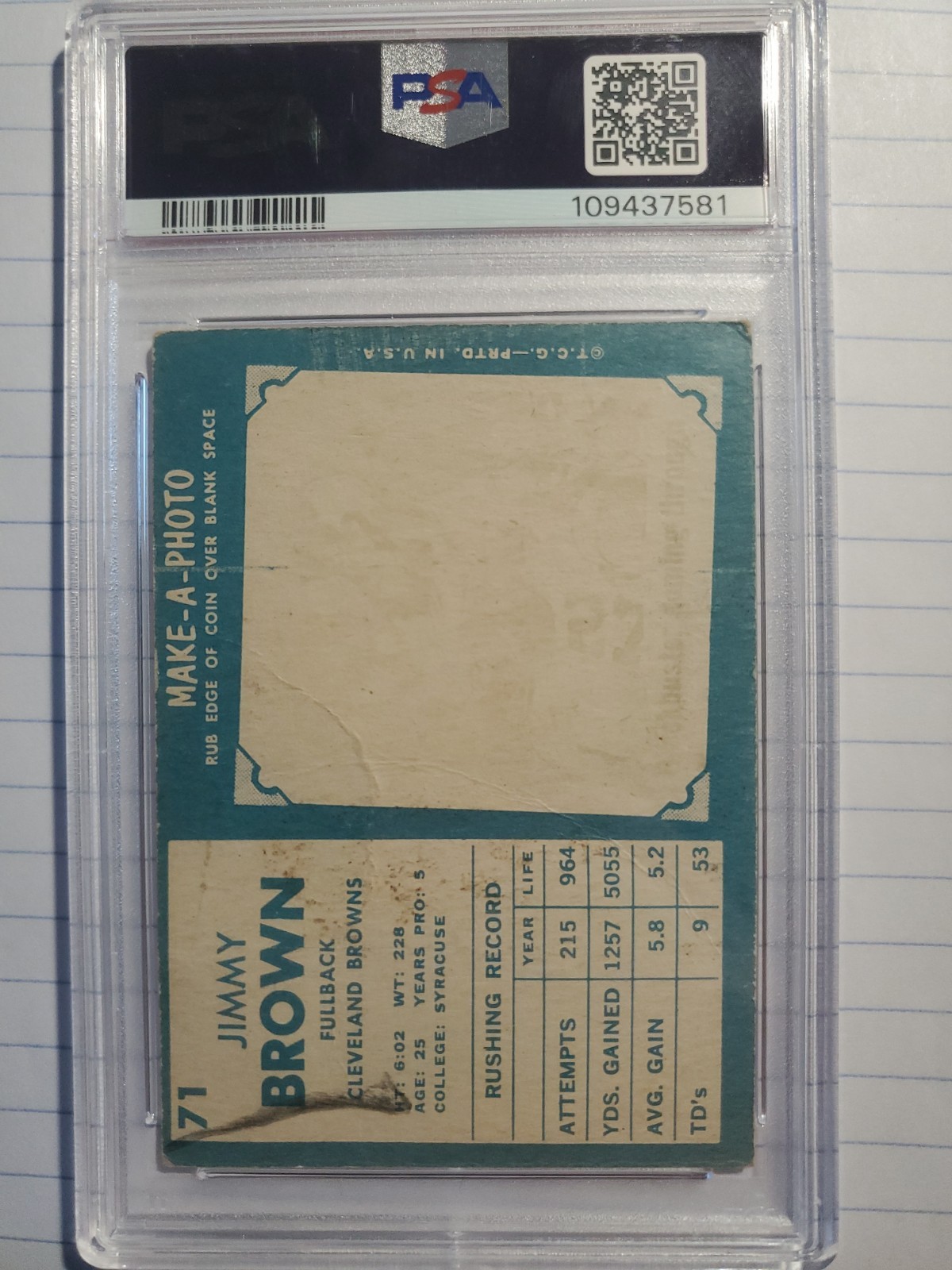 1961 Topps Jim Brown #71 PSA 1 (MK) view 3