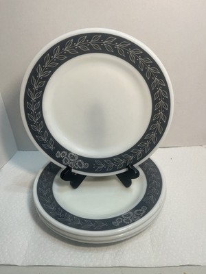 4-Corning Grecian Gray Laurel Leaf Milk Glass 9 1/4 Inch Dinner Plates 3130