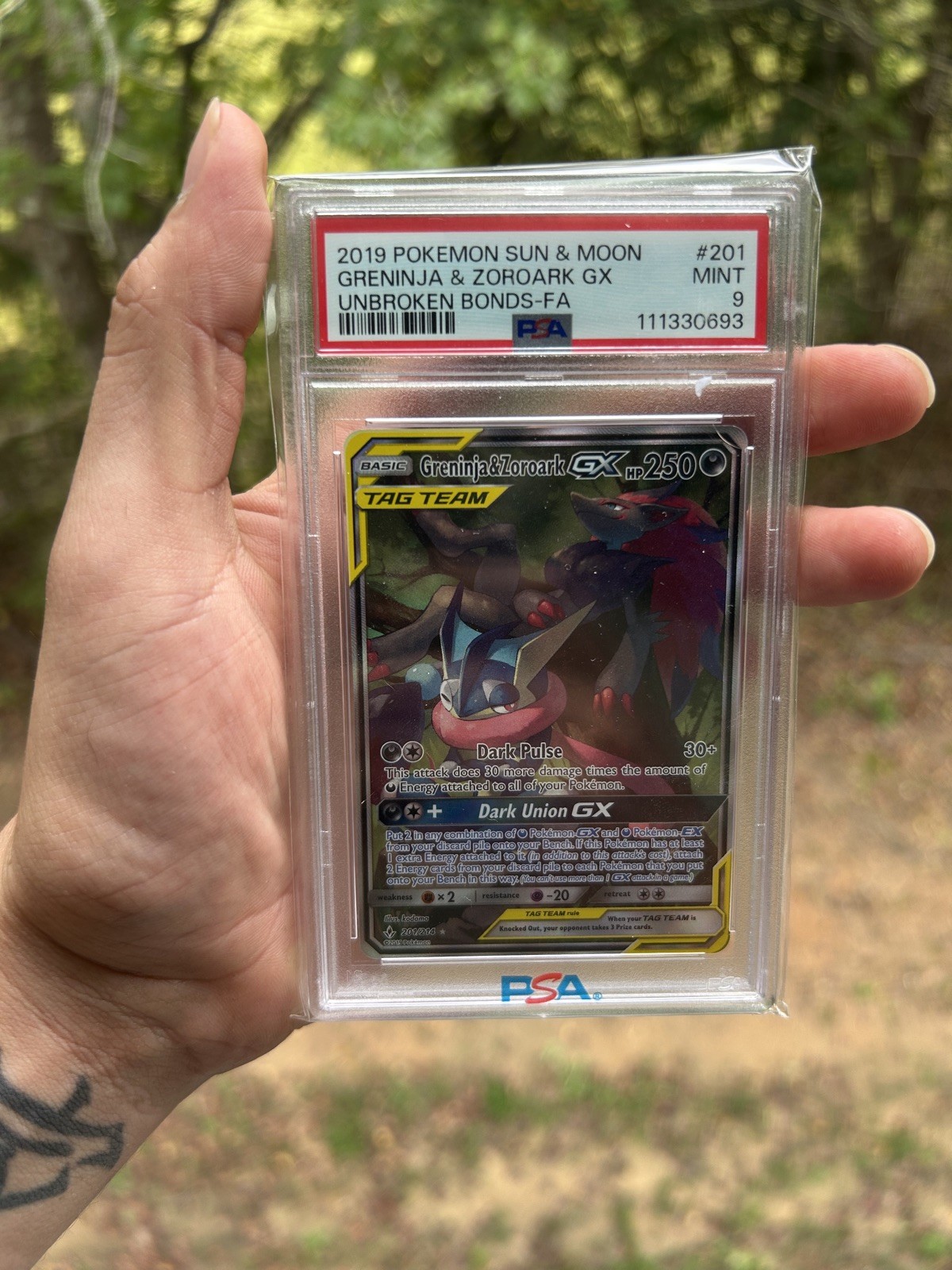 PSA 9 MINT Greninja & Zoroark GX 201/214 Tag Team Alt Art Unbroken Bonds Pokemon