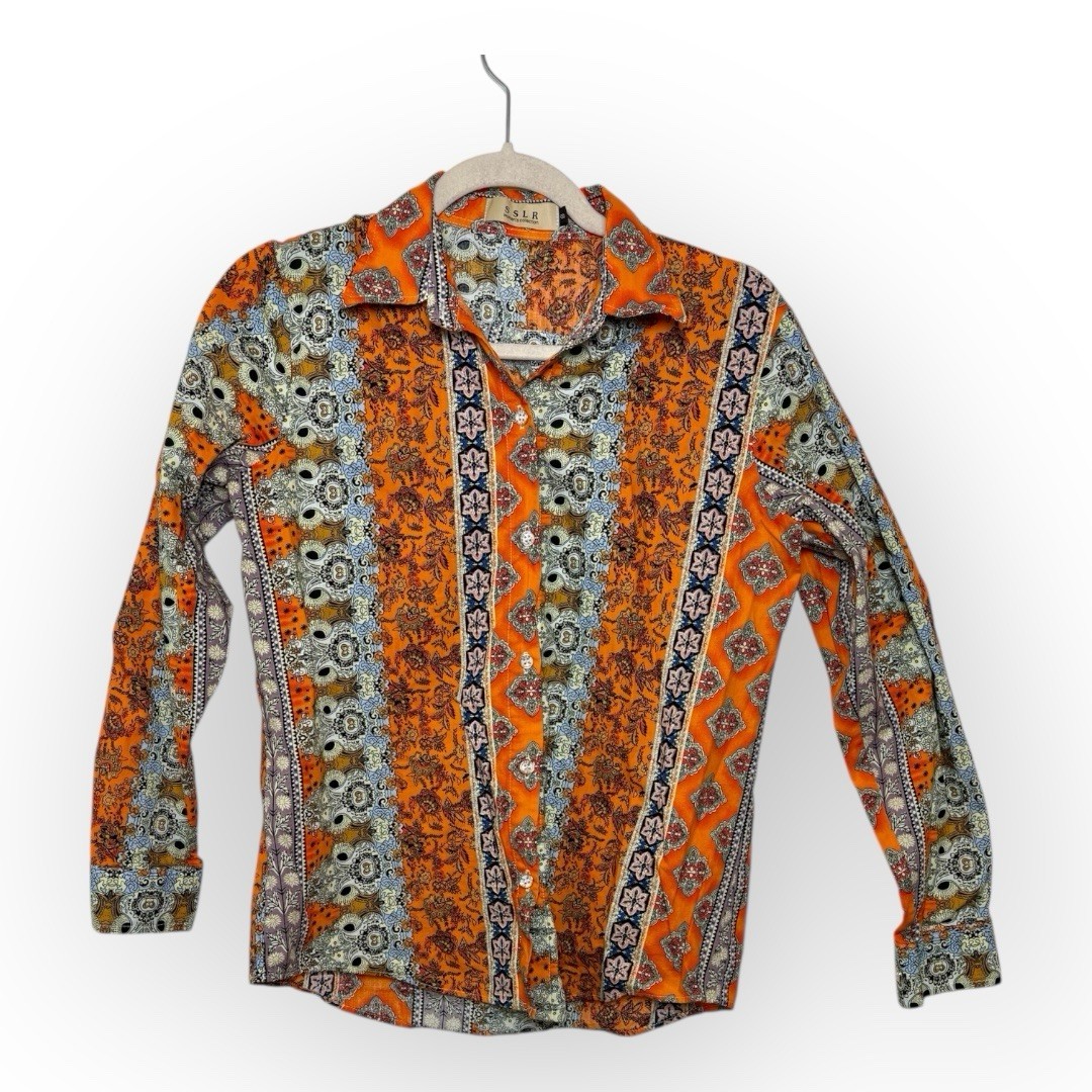 SSLR Orange Boho Patchwork Print Button Shirt, In… - image 1