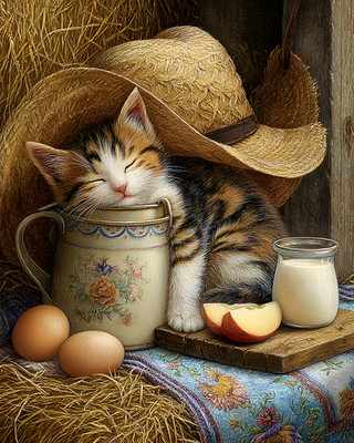 8x10 Cozy Storybook Cat Sleeping in Bucket Art Print Cottagecore - 708735006