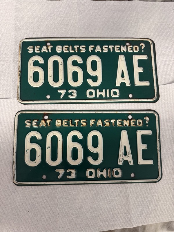 Vintage 1973 Ohio License Plate Tag Matching Pair 2 Piece Lot Tag Number 6069 AE