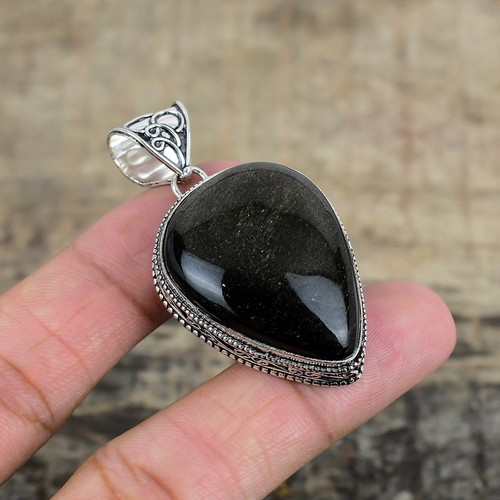 Pendentif En Argent Sterling 925 Avec Pierre D'Obsidienne Naturelle - Fait Main - Bijou Artisanal Indien - Neuf Sans Emballage