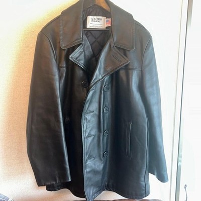 SCHOTT Leather Peacoat Black Double Breasted Size 44 Made In USA Authentic