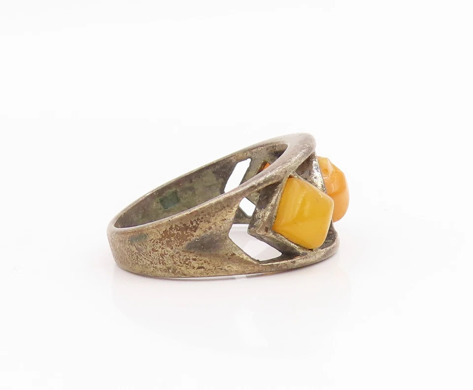 Anillo de plata de ley 925 vintage POLONIA banda ámbar de tres piedras talla 7 RG33872 Foto 4 de 4