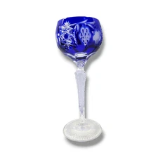 AJKA MARTISA WINE GLASS COBALT BLUE CASED CUT TO CLEAR CRYSTAL HUNGARY BOHEMIAN