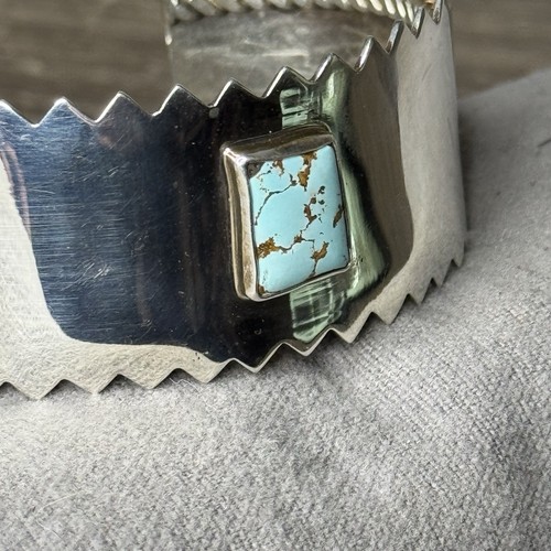 Sterling Silver Cuff Bracelet Serrated Lone Mountain Turquoise Biker Punk 48g - Picture 6 of 17