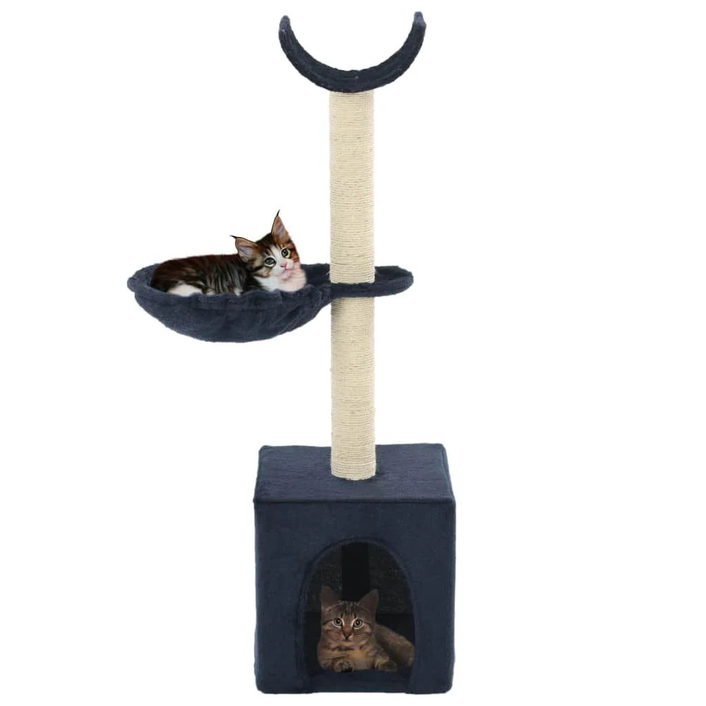 Arbre à chat avec grattoir et jouet suspendu pour occuper un chat d'appartement en couleur bleu