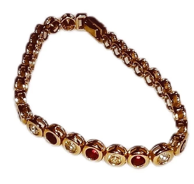 Pulsera de tenis con bisel redondo de 8 quilates para mujer rubí simulado enchapado en oro amarillo de 14 k Foto 2 de 4