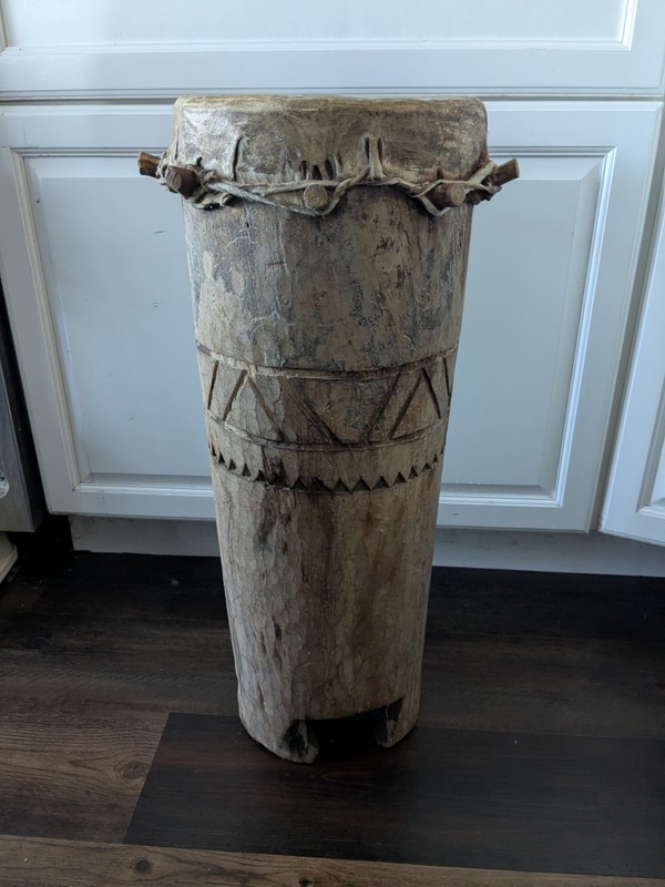 Vintage Tribal Solid Wood Drum Ghana Hand Carved