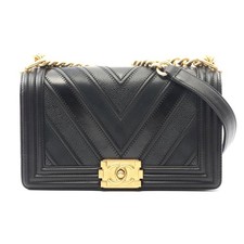 Chanel Boy Chevron Leather Shoulder Bag Women Black One Size