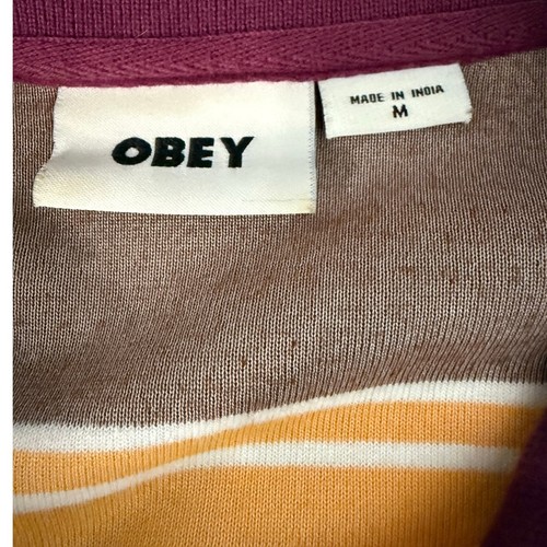 Obey Striped Velour Polo Jumper Sweater Women's Medium Beetroot Multi Color - Picture 7 of 11