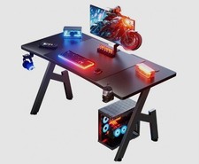 RGB Gaming Desk with LED Lights – Computer Table with Cup Holder, Headphone Hook