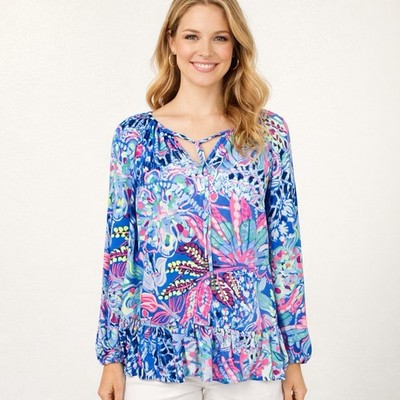 Lily Pulitzer Floral Peasant Blouse Beaded Tassel Tie Top Multicolor Ruffle Hem