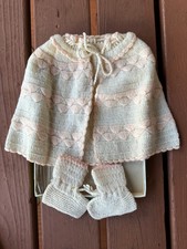   Vintage HANDMADE Crocheted Baby Cape  Booties Set - White  Pink 1950s 60s
