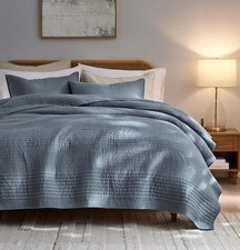 Striped Blue Grey 100 Cotton Quilt King Size Bedding Sets Lightweight Crinkly