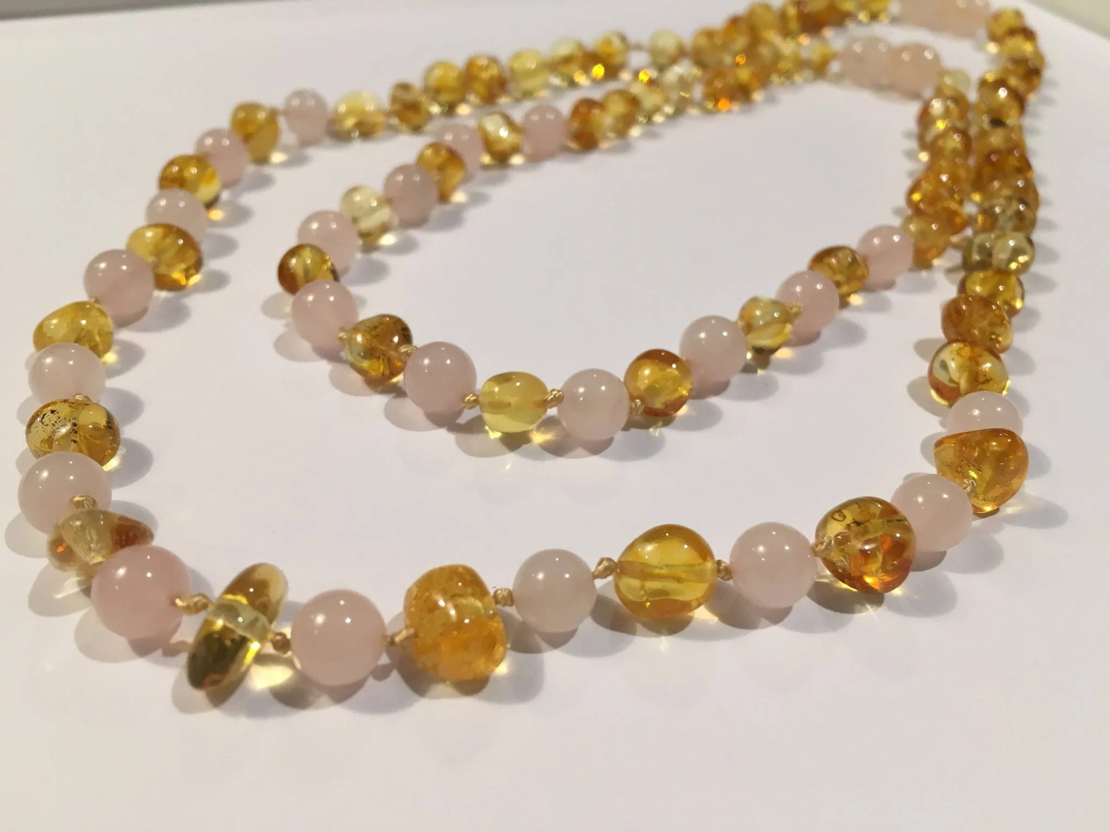 Baltic Amber and Pink Rose Quartz Necklace Set in 17-18 & 11 inch-image