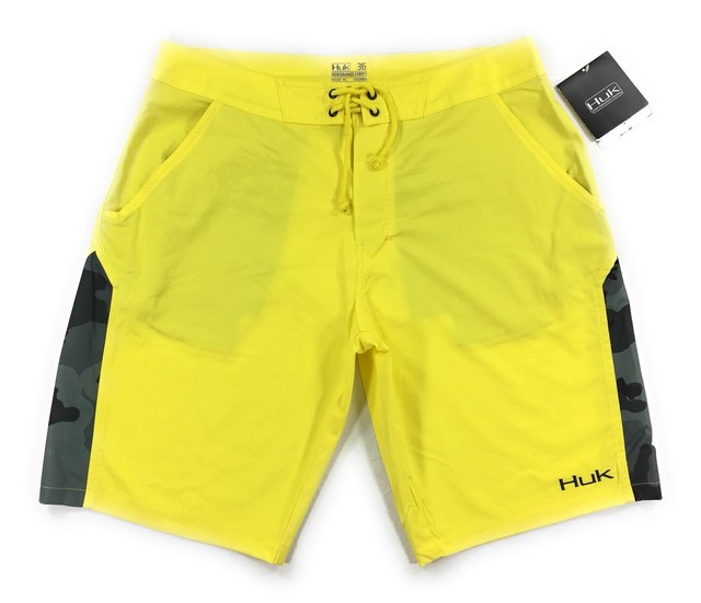 Huk Performance Fishing Mens Board Shorts Swim Trunks Yellow Camo 34