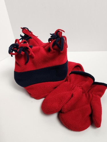 Red Navy Fleece Toddler Boy's Hook & Loop Closure Tasseled Winter Hat & Mittens - Picture 2 of 8
