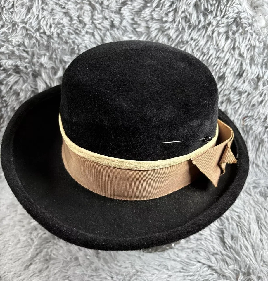 Verdadero Sombrero Vintage Años 40 Negro Lana Fieltro Crema Cinta Bowler Iglesia Elegante Retro Foto 4 de 4