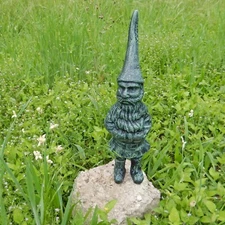 Green Cast Iron Garden Gnome Figurine Statue Antique Verdigris Finish 13 in Tall
