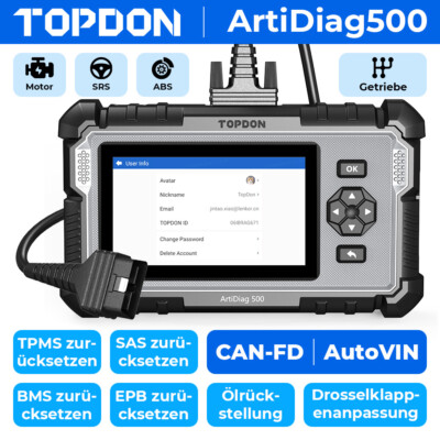 TOPDON ArtiDiag500 2.0 KFZ OBD2 Diagnosegerät Deutsch 6Services 4 System CAN FD