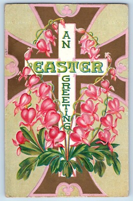 Easter Postcard Greetings Holy Cross Flowers Embossed Buffalo New York NY 1909