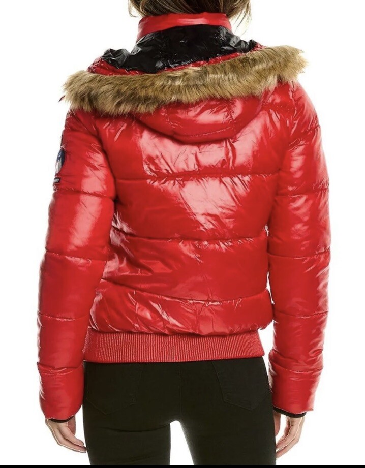 New Womens Superdry High Shine Toya Bomber Jacket in Rouge Red Size M