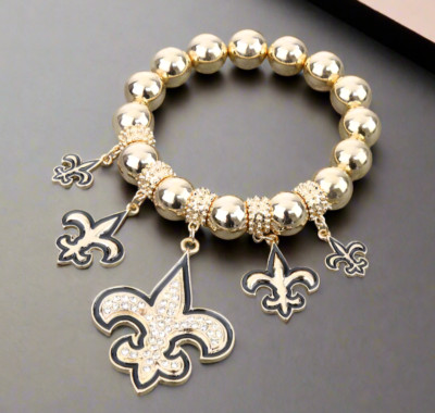 Women's Gold & Black Fleur De Lis Rhinestone 5 Charm Stretch Bracelet