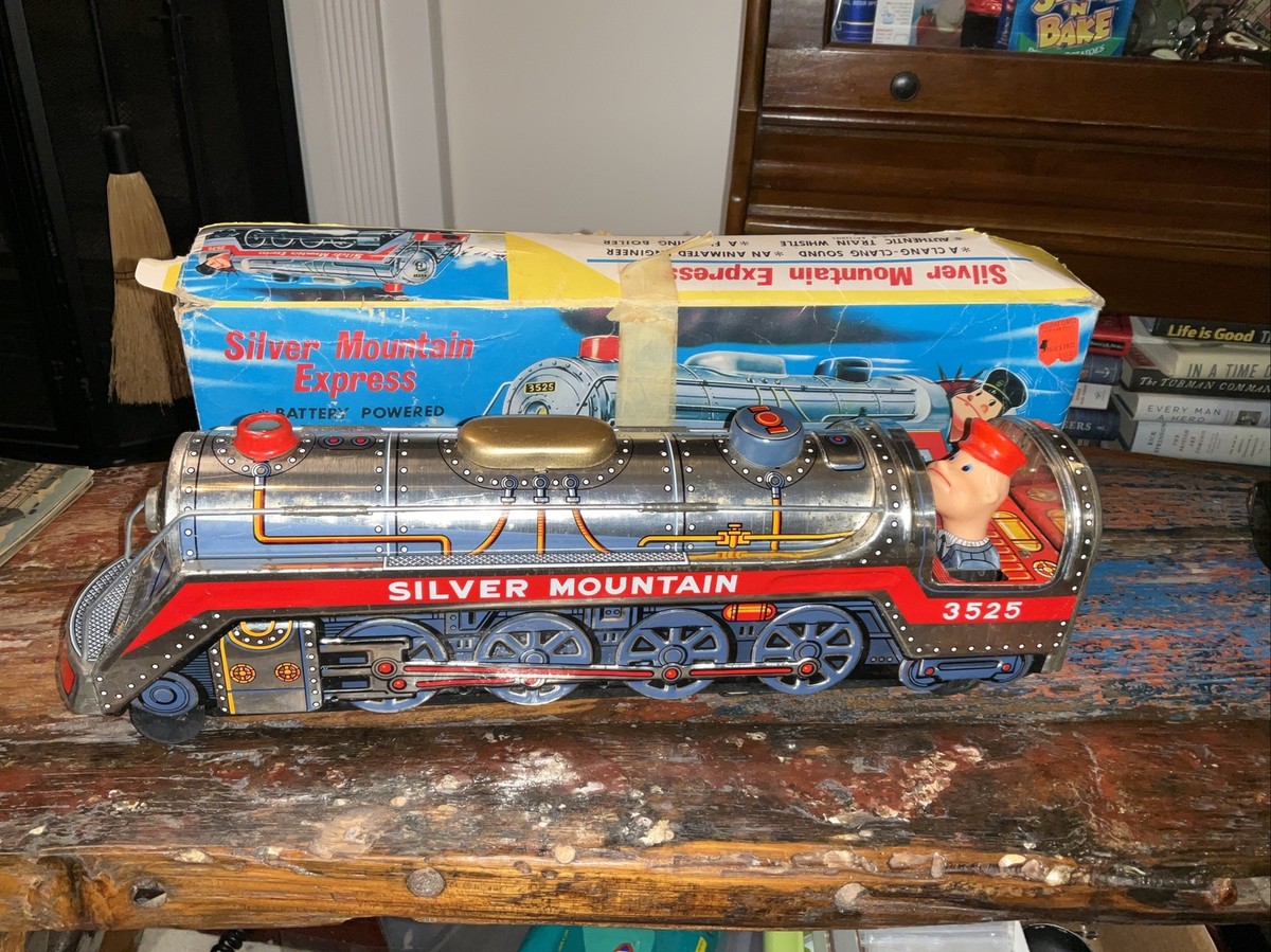 Vintage Tin Litho Silver Mountain Express Train Toy Original Box
