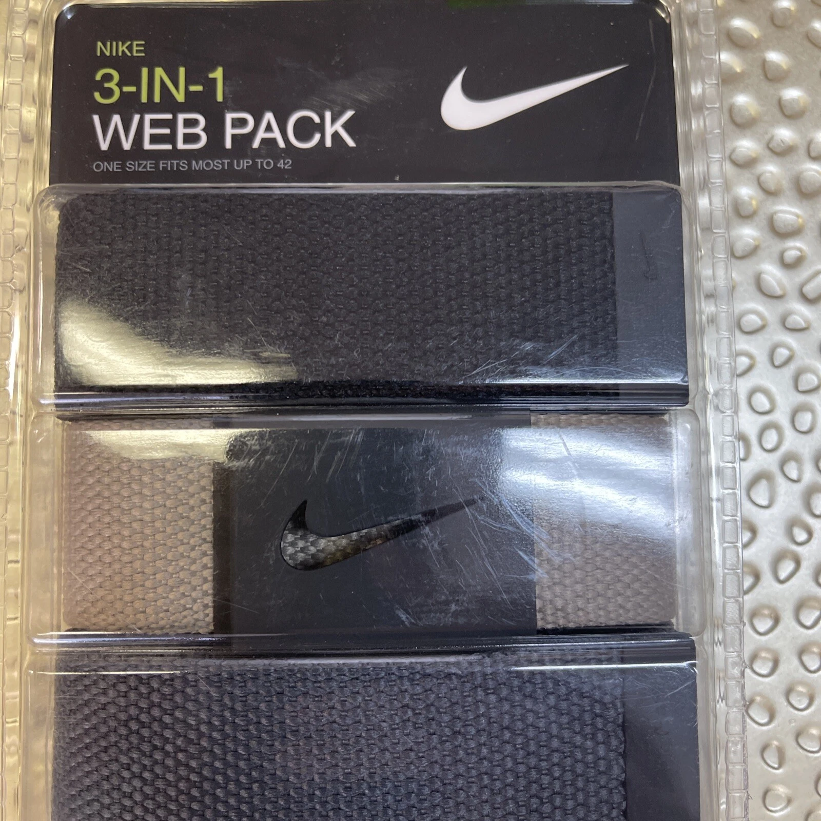 Nike Men Web Belt 3 in 1 Web Pack Black Khaki Dark Gray Adjustable Fit Up To 42