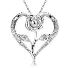 Women Heart-shaped Slivery Rose Flower Pendant Necklace Holiday Party Fashion
