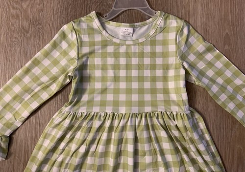 New Boutique Girls Size 4/5 Light Green & White Checked Long Sleeve Casual Dress - Picture 3 of 8