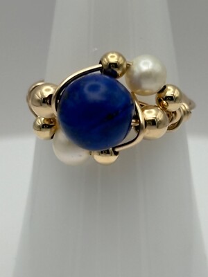 Handmade Wire Wrapped Lapis and Freshwater Pearls Ring In 14k Gold Fill