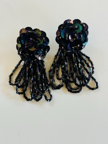 80s Glass Earrings VTG Black Pierced Rare Chunky Cluster Dangle Statement Big - Picture 2 of 5
