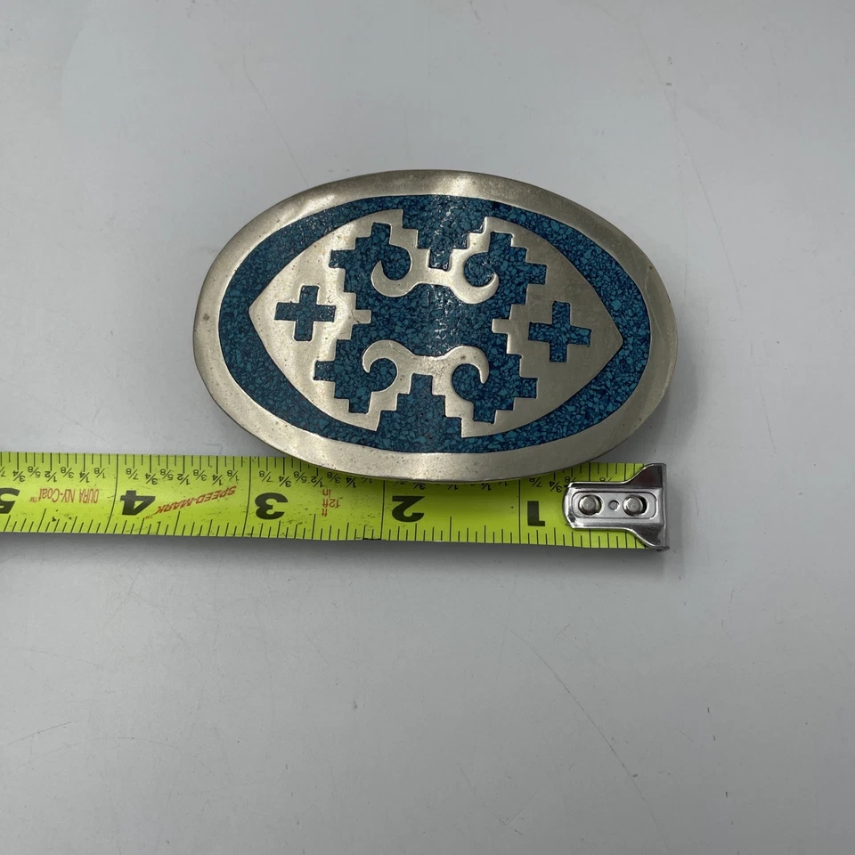 VTG Alpaca Silver Belt Buckle Horse Design w/ Crushed Turquoise? Inlays 3.25" - Image 4 of 4