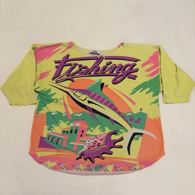 Vintage Step Express Shirt Womens Large Neon Fishing Marlin Graphic Beach 80s