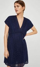 Mango Navy Blue Lace V Neck Mini Dress With Short Sleeves Small