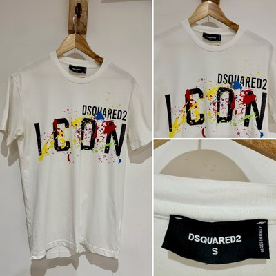 Dsquared2 Icon Paint Splatter Logo Cotton Rich Tee T-Shirt Top White Multi Small