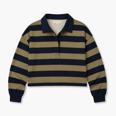 Thread & Supply Jackie Rugby Knit Top Olive Navy Striped Cropped Polo M NWT
